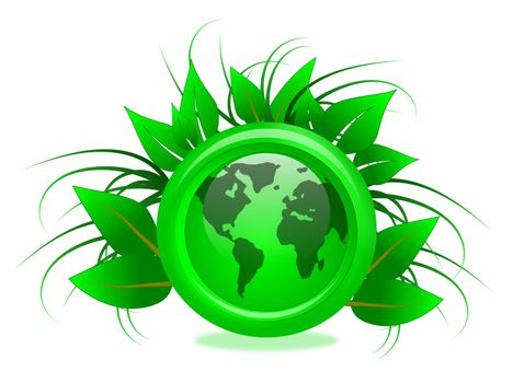 Eco friendly earth illustrated with a green globe encased in a casing and surrounded by green foliage
