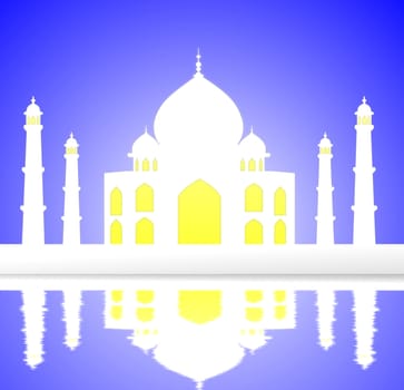 Artistic illustration of the Taj Mahal - one of the Seven Wonders of the World, with its reflection seen in the water
