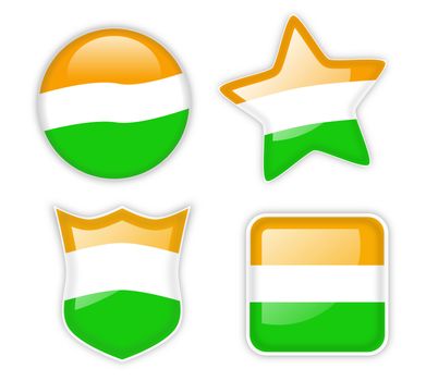 Set of four shiny badges with tricolor scheme of the Indian national flag
