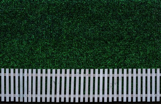 White wooden fence and green leaf background