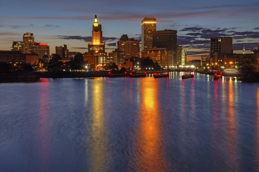HDR image of the skyline of Providence, Rhode Island from the far side of the Providence River just after dark