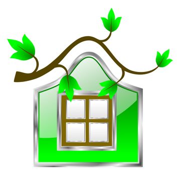 Environment friendly home illustrated with a tree branch serving as a roof for a wall with a window
