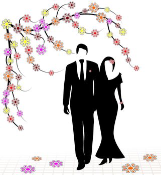Spring wedding illustrated with silhouettes of a couple romantically posing under a branch full of flowers
