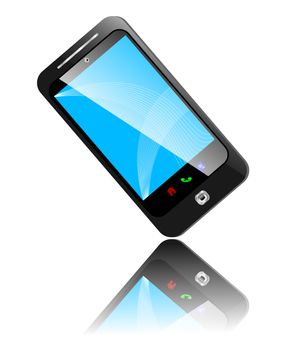 A touch screen smart phone tilted at an angle, with reflection
