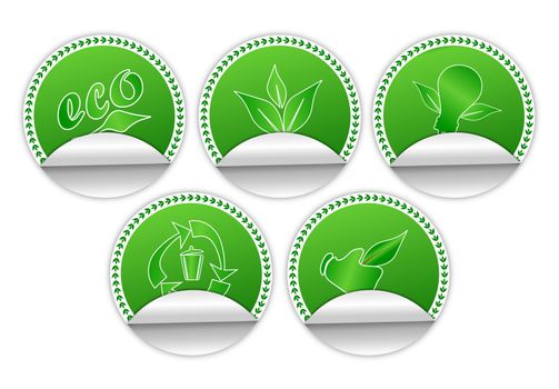 Set of five edge curl stickers to promote eco friendly ideas. The stickers can also be used for organic products. 
