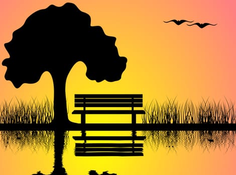A summer sunset scene with a tree and a bench reflecting in a lake
