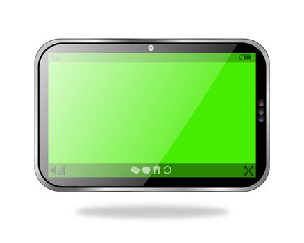 A touch screen tablet PC with a blank green lcd screen
