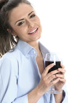 Model Released. Woman Drinking a Glass of Red Wine isolated white background