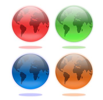 Set of four shiny glass earth globes in red, green, blue and brown colors
