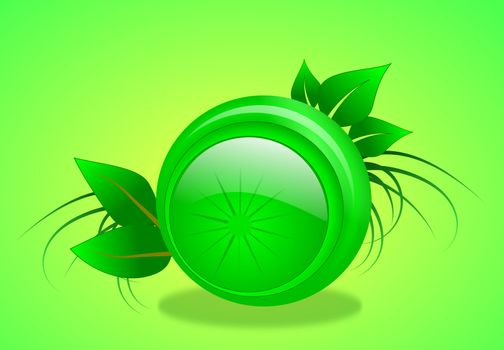 A green sphere enclosed in a protective casing and surrounded by green foliage with blank space for text message
