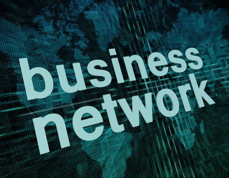 Business concept: words business network on digital world map screen