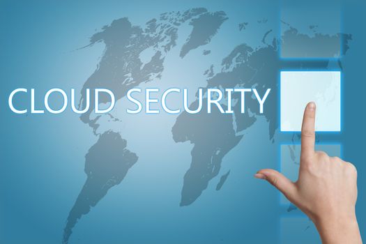 Cloud computing technology, networking concept: words cloud security on digital world map touchscreen.