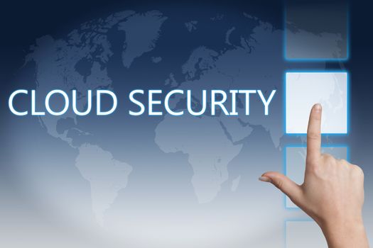 Cloud computing technology, networking concept: words cloud security on digital world map touchscreen.