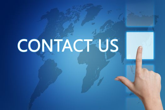 Marketing concept: words Contact us on blue background with world map. 