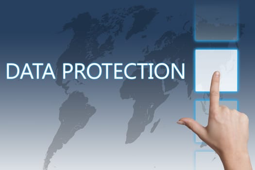 Security concept: words data protection on digital world map screen