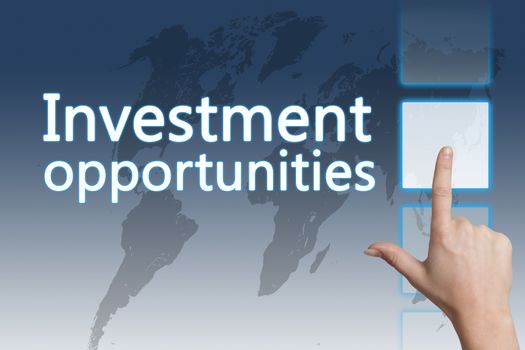 Business concept: words Investment opportunities on digital world map screen