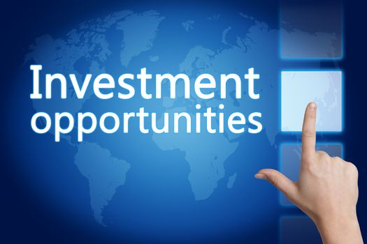 Business concept: words Investment opportunities on digital world map screen