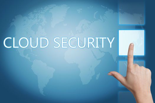 Cloud computing technology, networking concept: words cloud security on digital world map touchscreen.