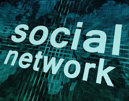 Words social network on digital world map screen