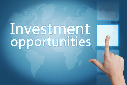 Business concept: words Investment opportunities on digital world map screen