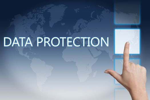 Security concept: words data protection on digital world map screen