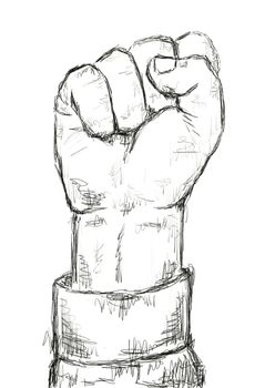 clenched fist held high in protest - sketch illustration