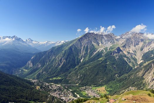 aerial view of Courmayeur, famous little town in Aosta Valley