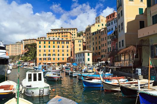 harbor with fishing boats in Camogli, famous small town in Liguria, Italy
