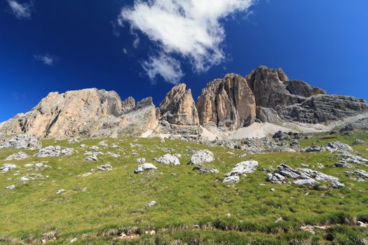 summer view of Sassopiatto and Sassolungo mount, Fassa Valley, Trentino, Italy