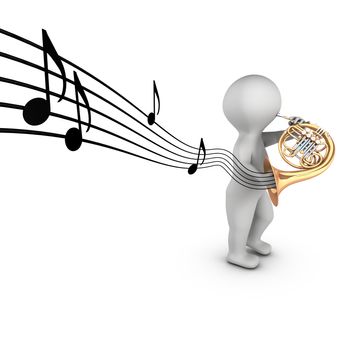 A 3D character playing french horn (corniste) with notes on a partition. The french horn is a wind instrument.