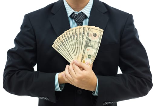 Businessman holding money isolated over white background