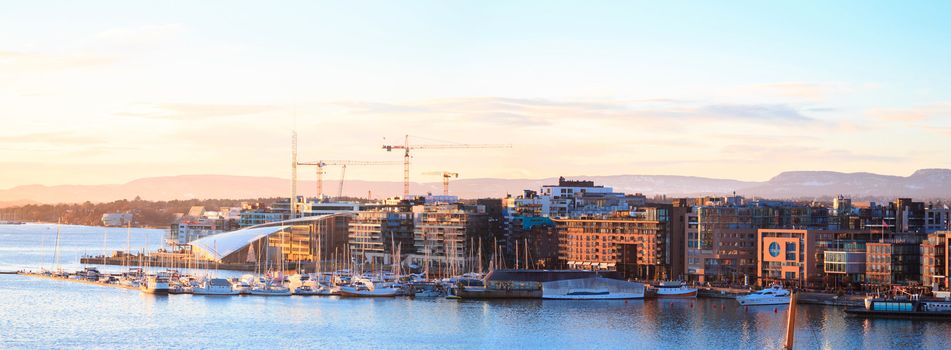 Panorama aerial cityscape of Oslo harbour Sunset Norway