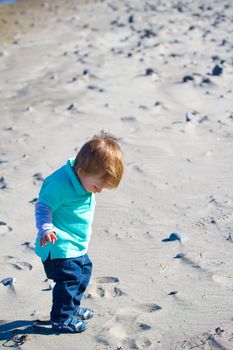 A one year old boy plays at the beach along the coast in the sand while exploring and looking for interesting things.
