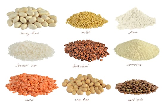 Cereals and beans isolated with path on white background