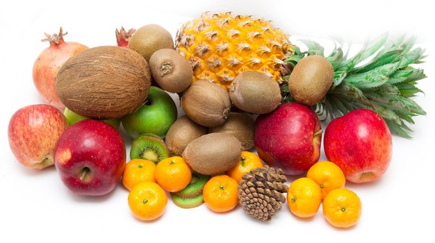 Vegetables and fruit on a white background