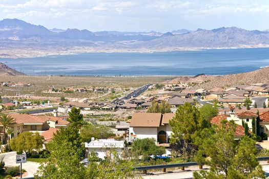 Lake Meade and Boulder city suburb with surrounding mountains Nevada.