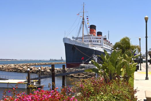 The Queen Mary ship moored in Long Beach California.