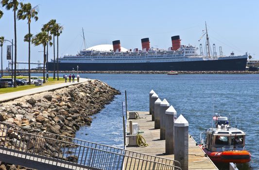The Queen Mary ship moored in Long Beach California.