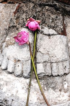 Statue of Buddha's feet with lotus flowers in the Historical Park of Sukhothai, Thailand