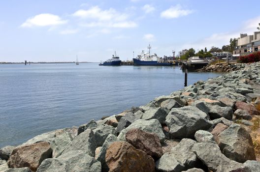 Point Loma beaches neighborhood Fishing vessels and rocks California.