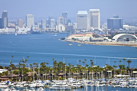 View of San Diego skyline hazy atmosphere from Point Loma Island California.