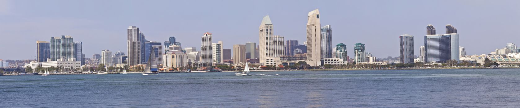 The San Diego skyline panorama and activities on the waterfront southern California.