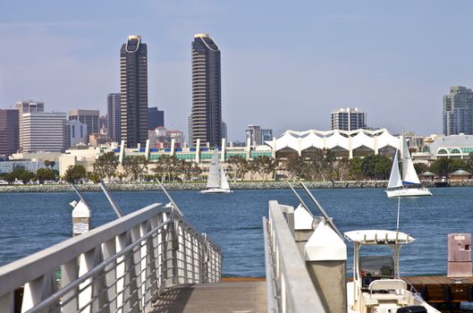 Twin towers and the convention center San Diego skyline California.