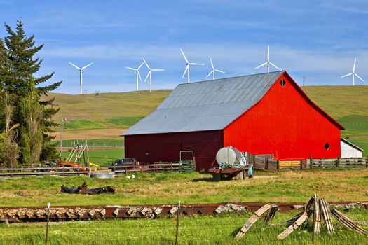 Red barn in a country farm eastern Washington PNW.