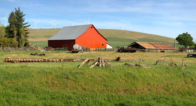 Red barn in a country farm eastern Washington PNW.