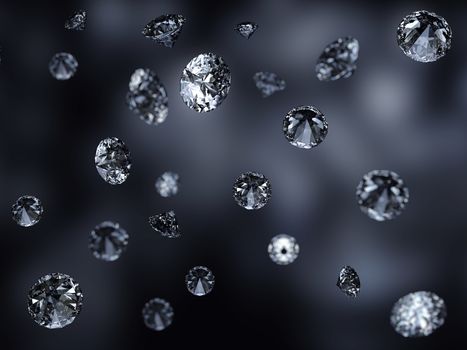 Falling 3D diamonds on black background