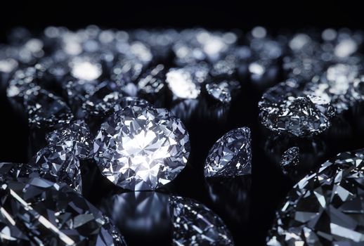 Luxury 3D diamonds render on black backgorund with DOF
