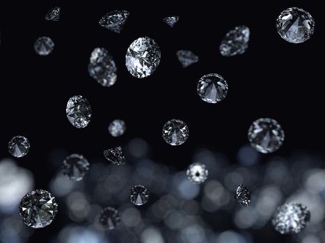 Falling 3D diamonds on black background
