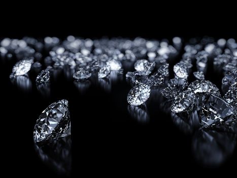 Luxury 3D diamonds render on black backgorund with DOF