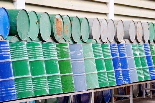 oil barrel stack in row in factory